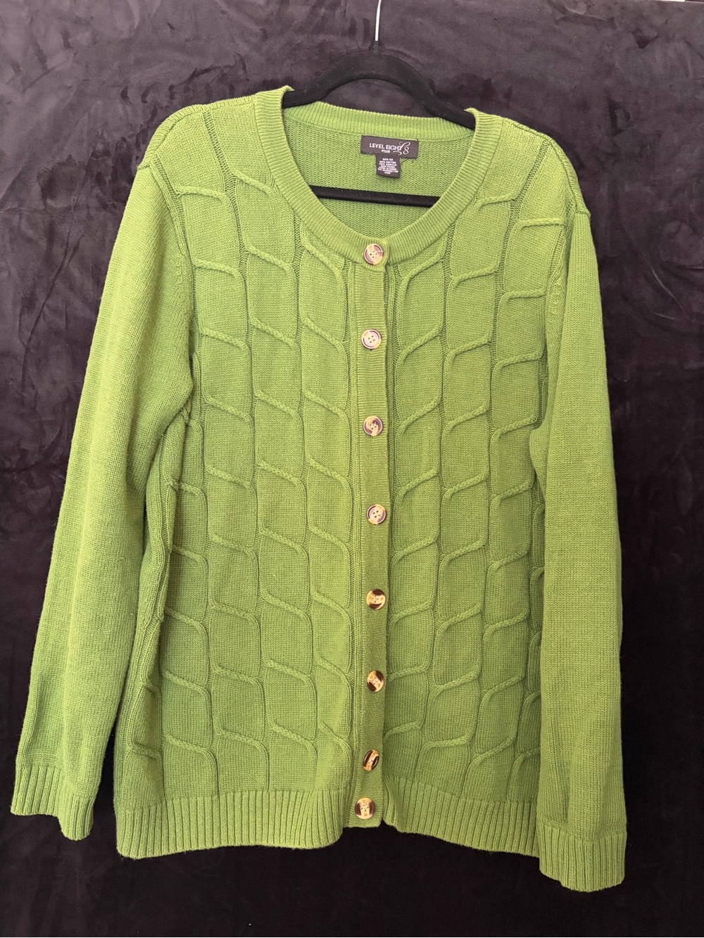 Level Eight Plus 1X Lime Green Textured Cable Knit Button Cardigan